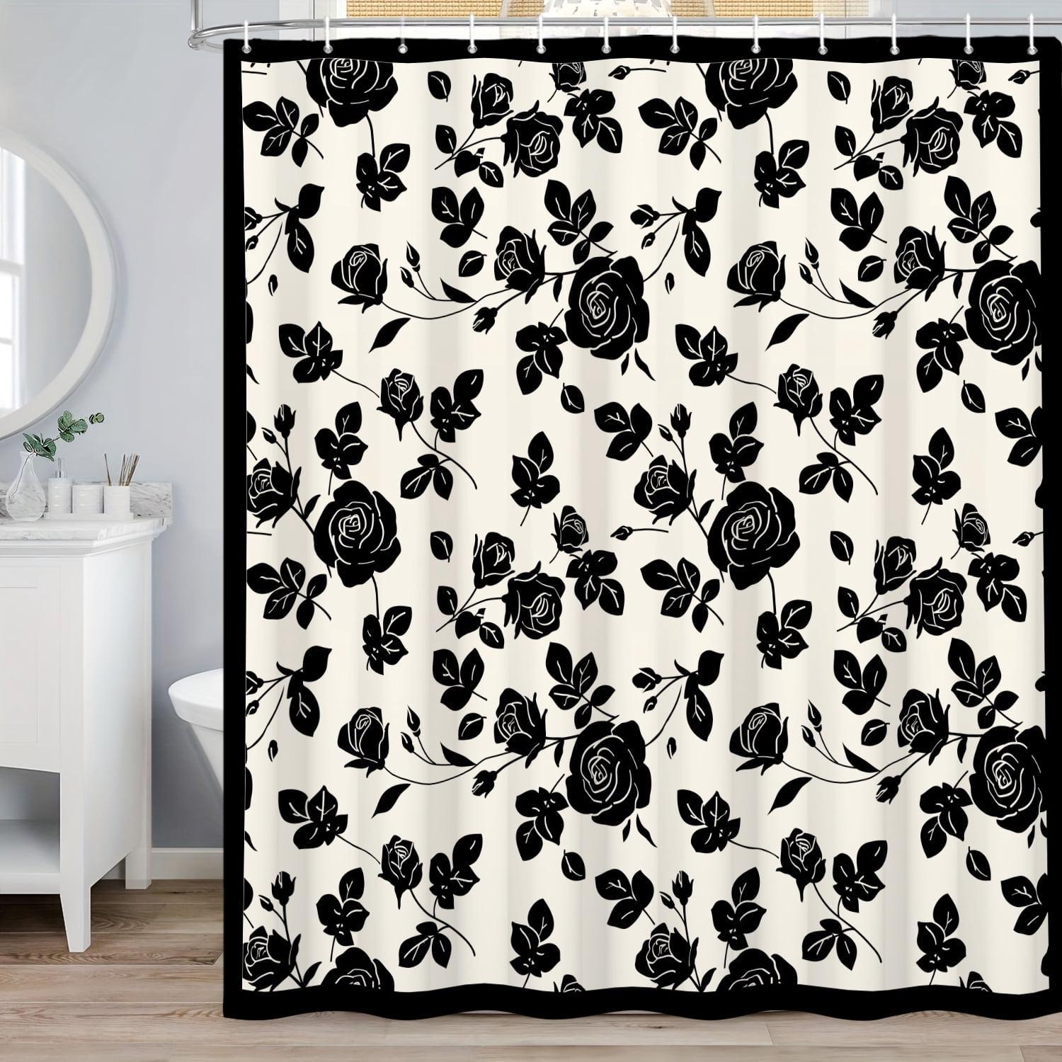 MIZHONA Black and White Floral Shower Curtain Vintage Rose Print Waterproof Fabric Bathroom Curtain 72x72 in
