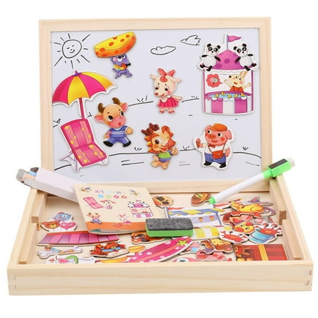 Magnetic Animal Puzzle - Children's toys wooden jigsaw imposition animal fight spell music double-sided magnetic drawing board children's puzzle