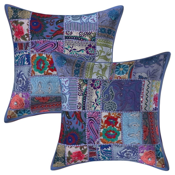 Stylo Culture Ethnic Cotton Living Room Throw Pillow Covers Grey 18 x 18 Bohemian Vintage Patchwork Ethnic Sofa Cushion Covers 45x45 cm Decorative Abstract Square Pillow Cases | Set Of 2