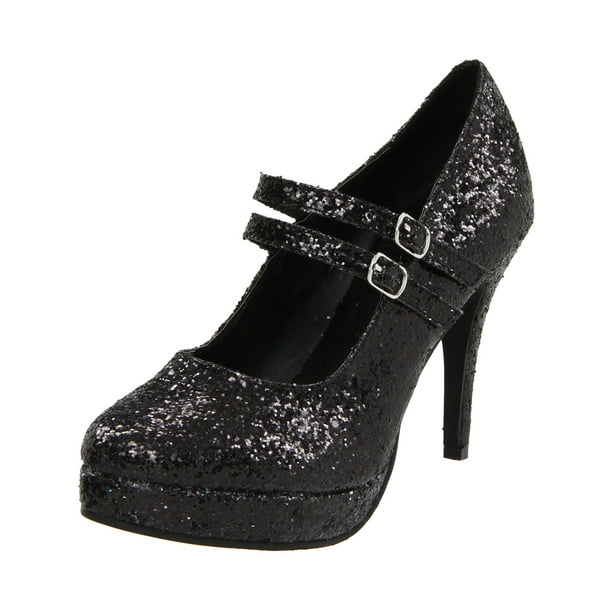 SummitFashions Womens Black Glitter Mary Jane Pumps 4 Inch High Heels