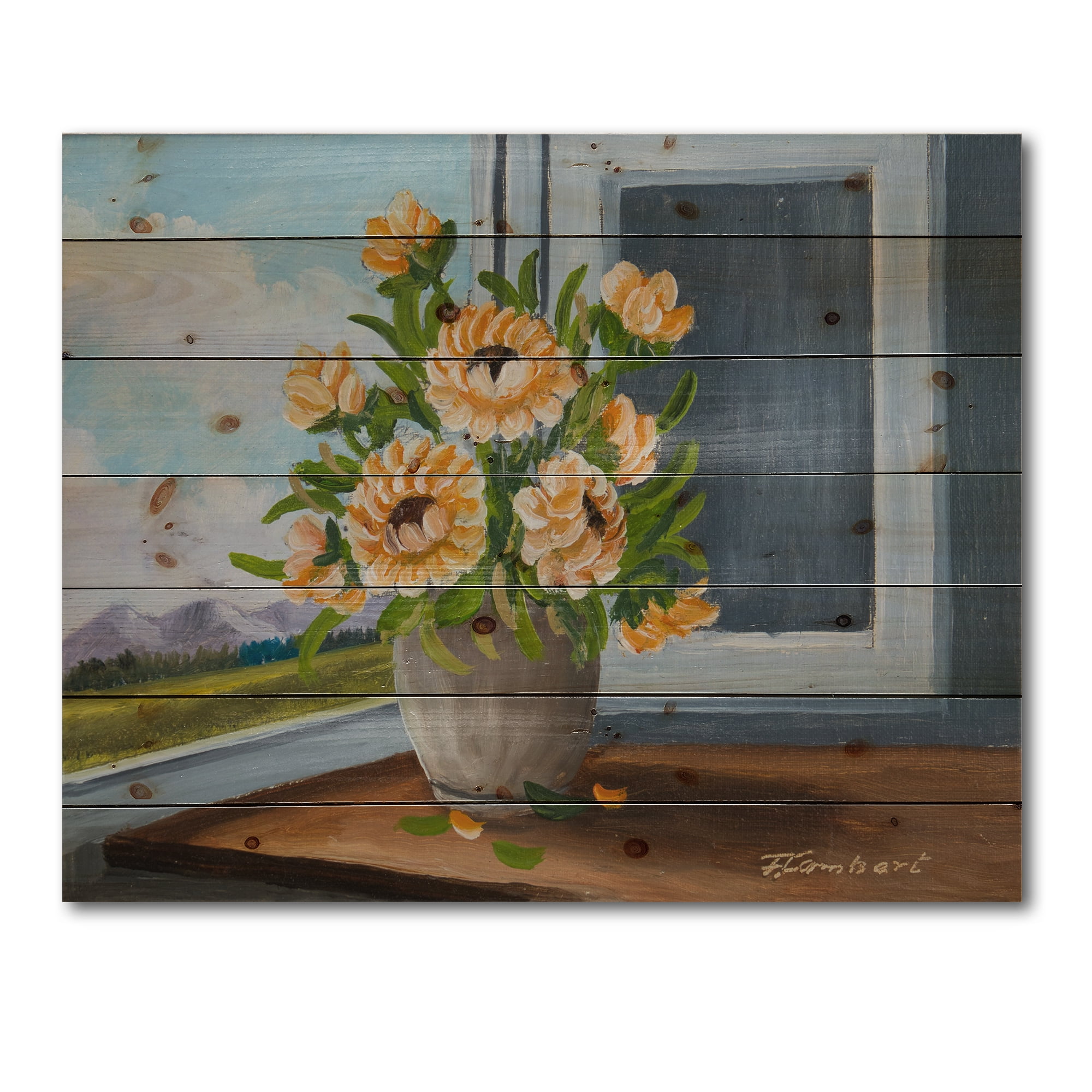Designart 'Still Life With Orange Flowers In Vase At The Window' Traditional Print on Natural Pine Wood