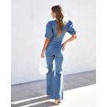 thumbnail image 3 of Mono de mezclilla para mujer, ropa de calle informal, cuello en V, manga corta abullonada, recorte con bolsillos, pantalones vaqueros sueltos de piernas anchas, 3 of 5