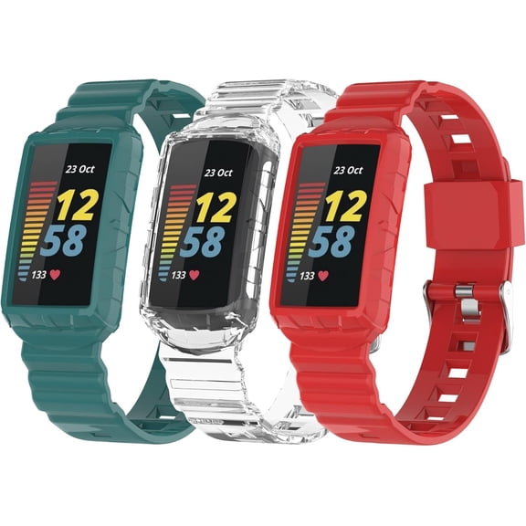 MYKOMI Compatible for Fitbit Charge 5 Bands with Case, Tactical Protective Cover Frame Athletic Strap Guard Rugged Sport Breathable Protector Watch Wristbands
