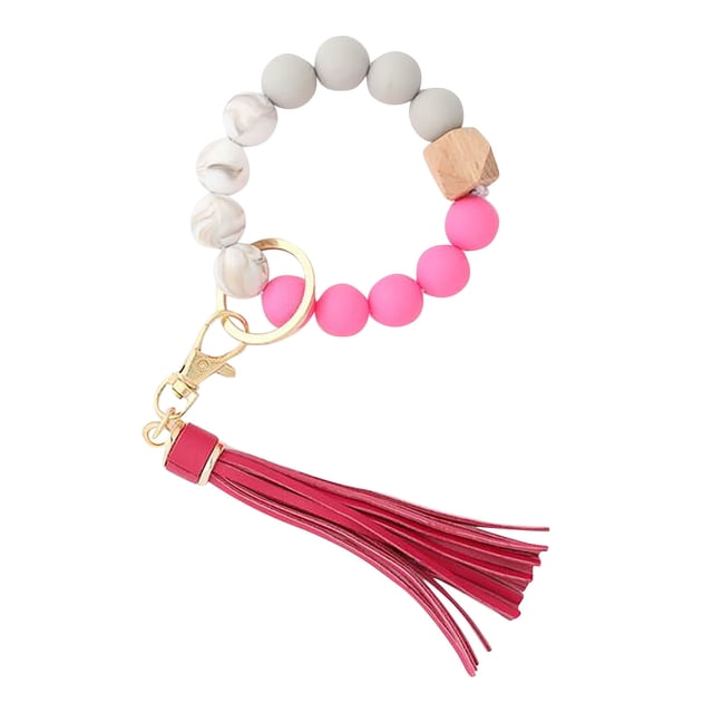 Silicone Key Ring Bracelet Silicone Key Ring Bracelet, Women Beaded Bangle Keychain Wristlet Leather Tassel Key Rings for Keychains Women Key Ring Bracelet for Women