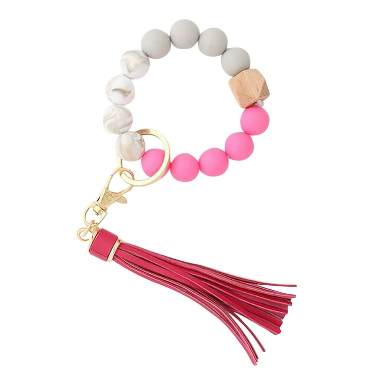 Kiplyki Wholesale Silicone Key Ring Bracelet, Women Beaded Bangle Keychain  Wristlet Leather Tassel 