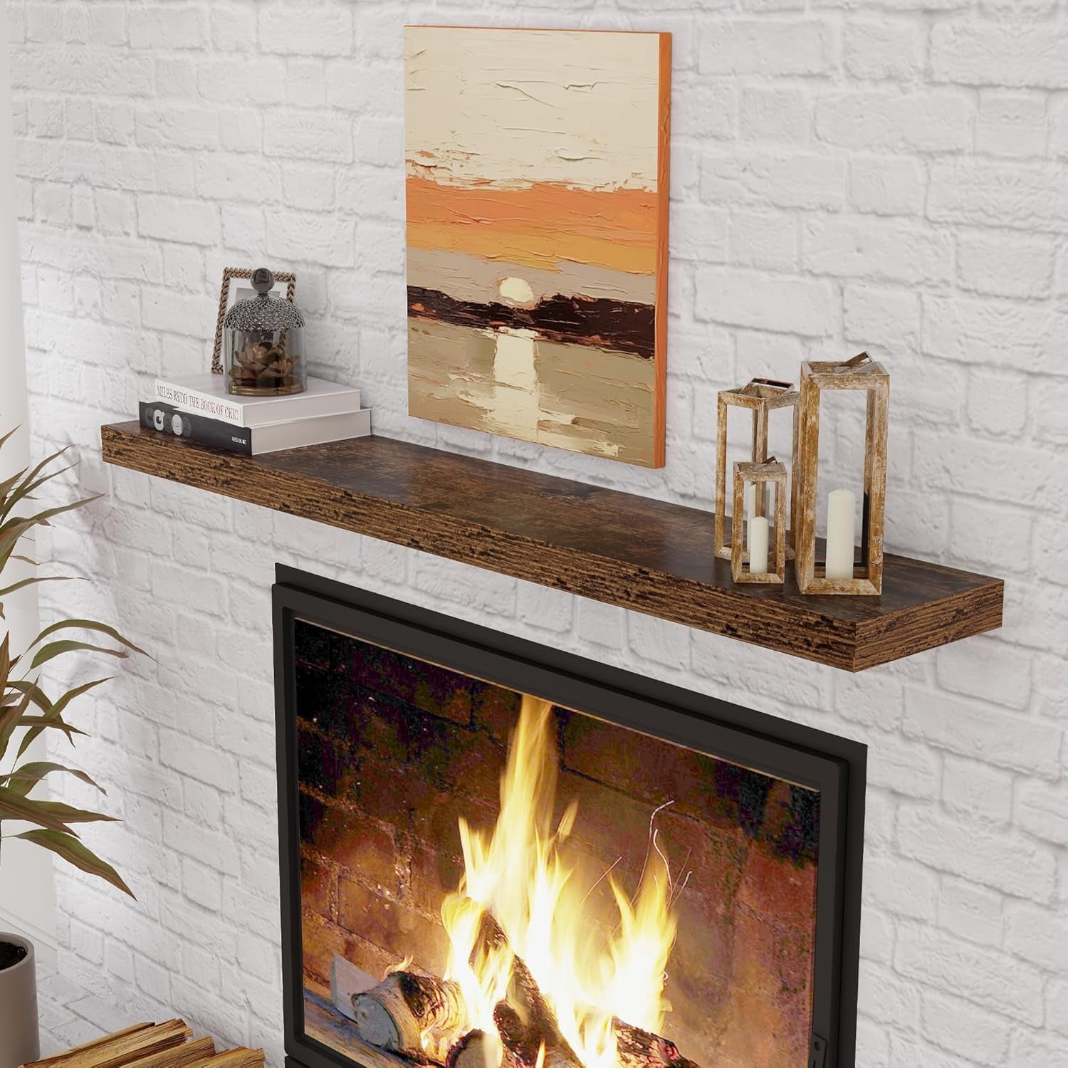 55 Inch Brown Floating Shelves, 9.3 Inch Deep Wall Mounted Floating Shelf, 55 x 9.3 Large Storage Wall Shelf for Living Room, Floating TV Stand, Farmhouse Rustic 55" Long Fireplace Mantel