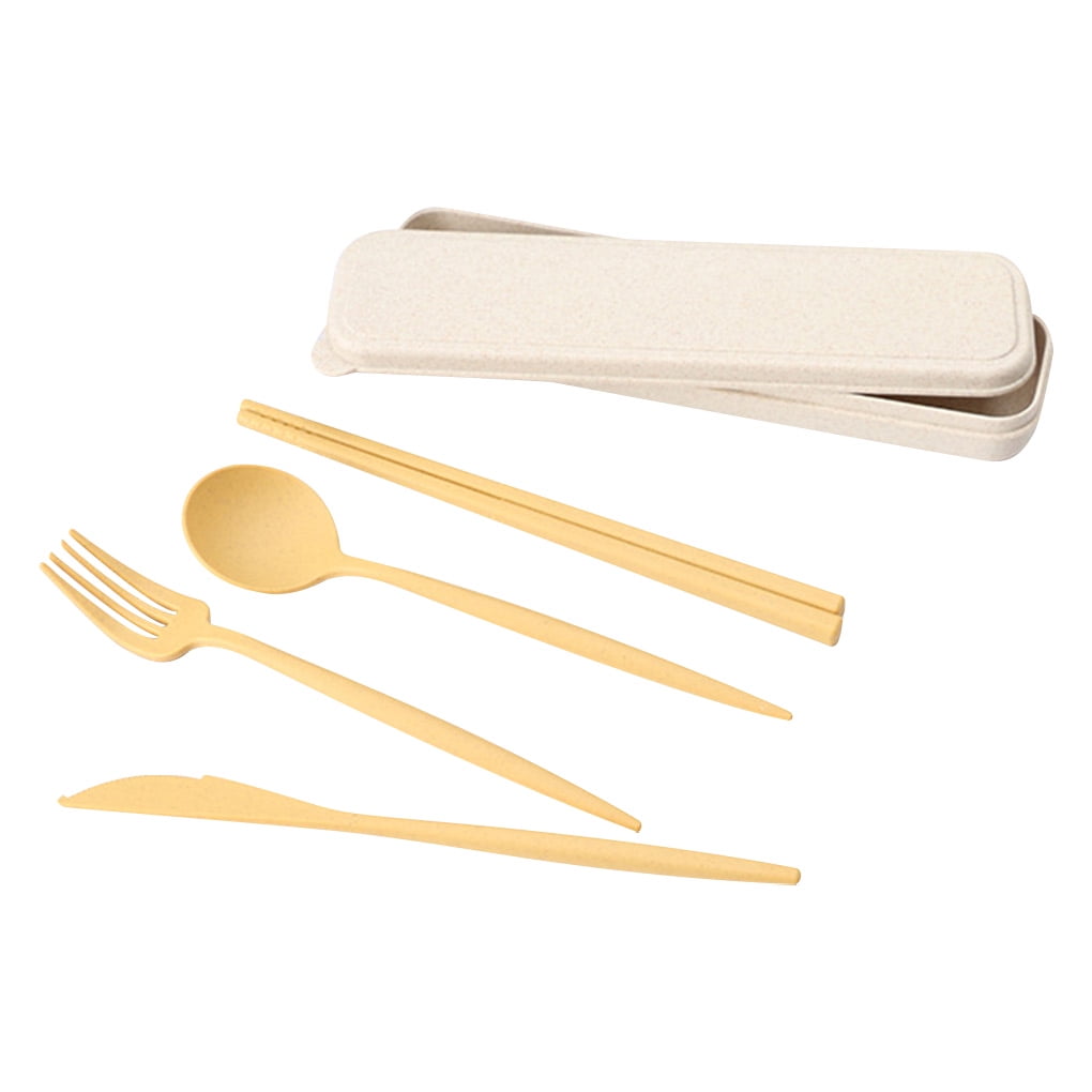 4 piece Portable Plastic Wheat Straw Fork Spoon Box Tableware Camping Picnic Set 