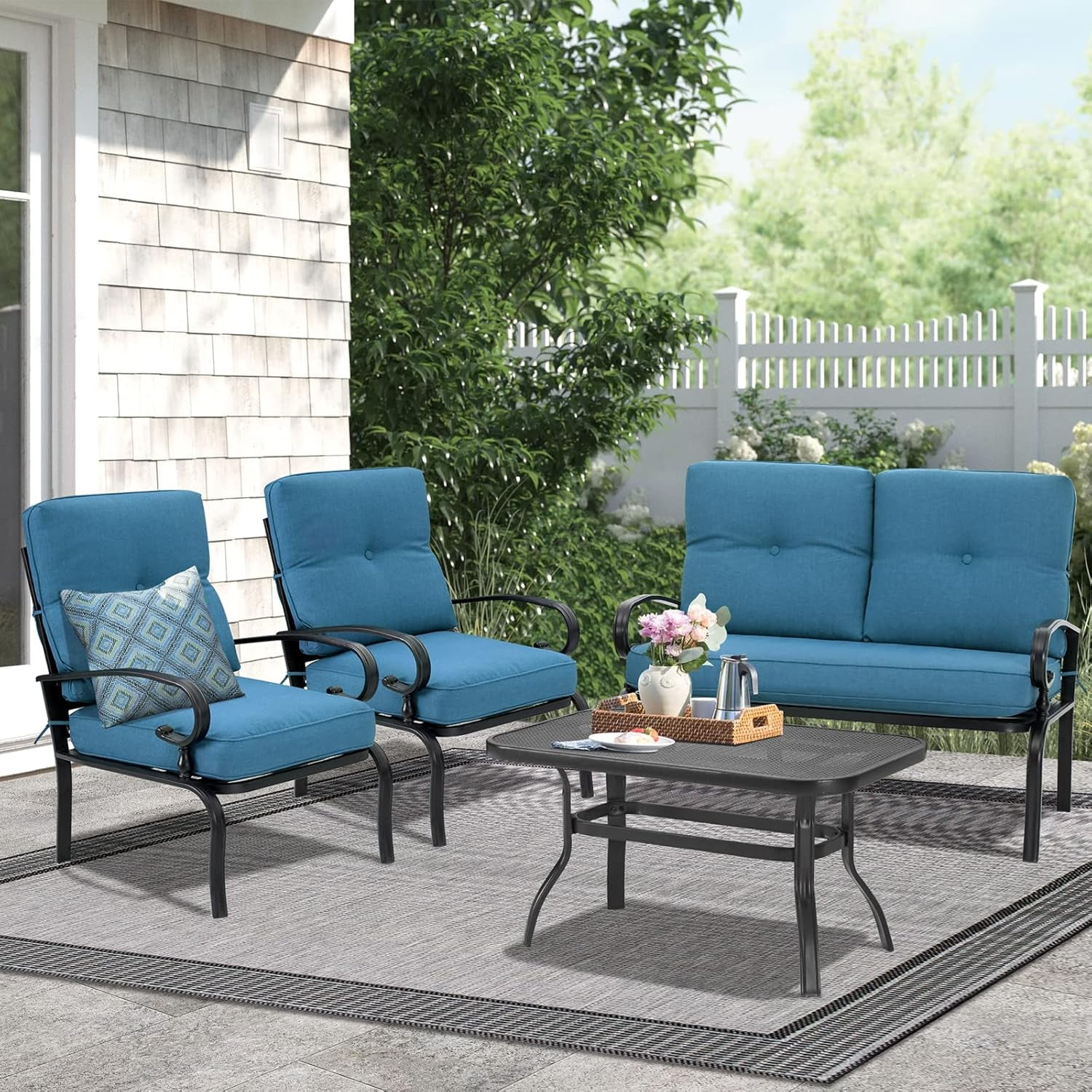 SOLAURA 4-Piece Outdoor Furniture Patio Metal Conversation Set with Peacock Blue Cushions