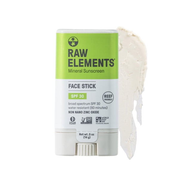 Raw Elements Face Protector solar mineral natural en barra No nano óxido de zinc 95% orgánico resistente al agua 80 min para arrecifes para todas las edades SPF 30+ Bloqueador solar de viaje 0.5