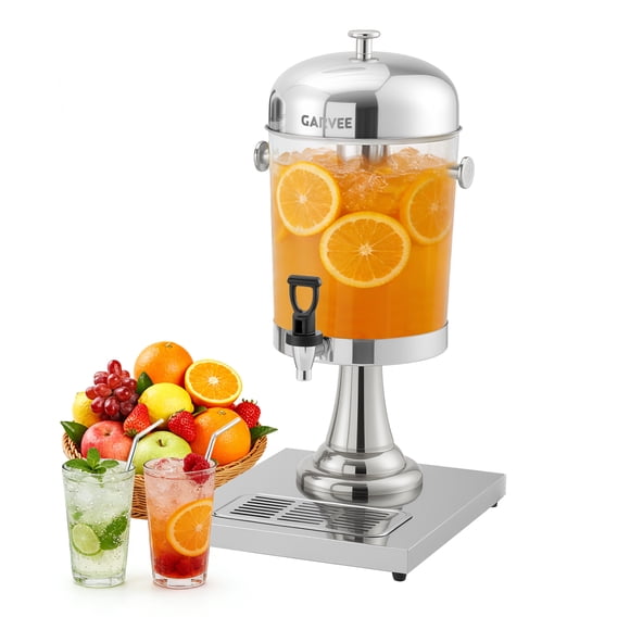 Dispensador de bebidas profesional de acero inoxidable 2,2 gal – Núcleo de hielo, grifo, base, bandeja antigoteo – Mantiene bebidas frías/calientes – Color plateado, cabezal único