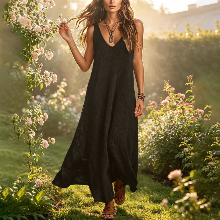 ladies tank dresses HOMBOM Tank Dresses for Women Maxi Long Summer Vacation Sleeveless Lightweight Breathable Knitted Ladies Shift Dress V-Neck