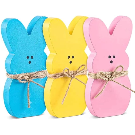 Easter Bunny Decor, 3Pcs Easter Wooden Bunny Rabbit Shape Tiered Tray Decor Rustic Farmhouse Decor for Office Dining Room Mantle Home Wood Rustic Farmhouse (Blue Yellow Pink)