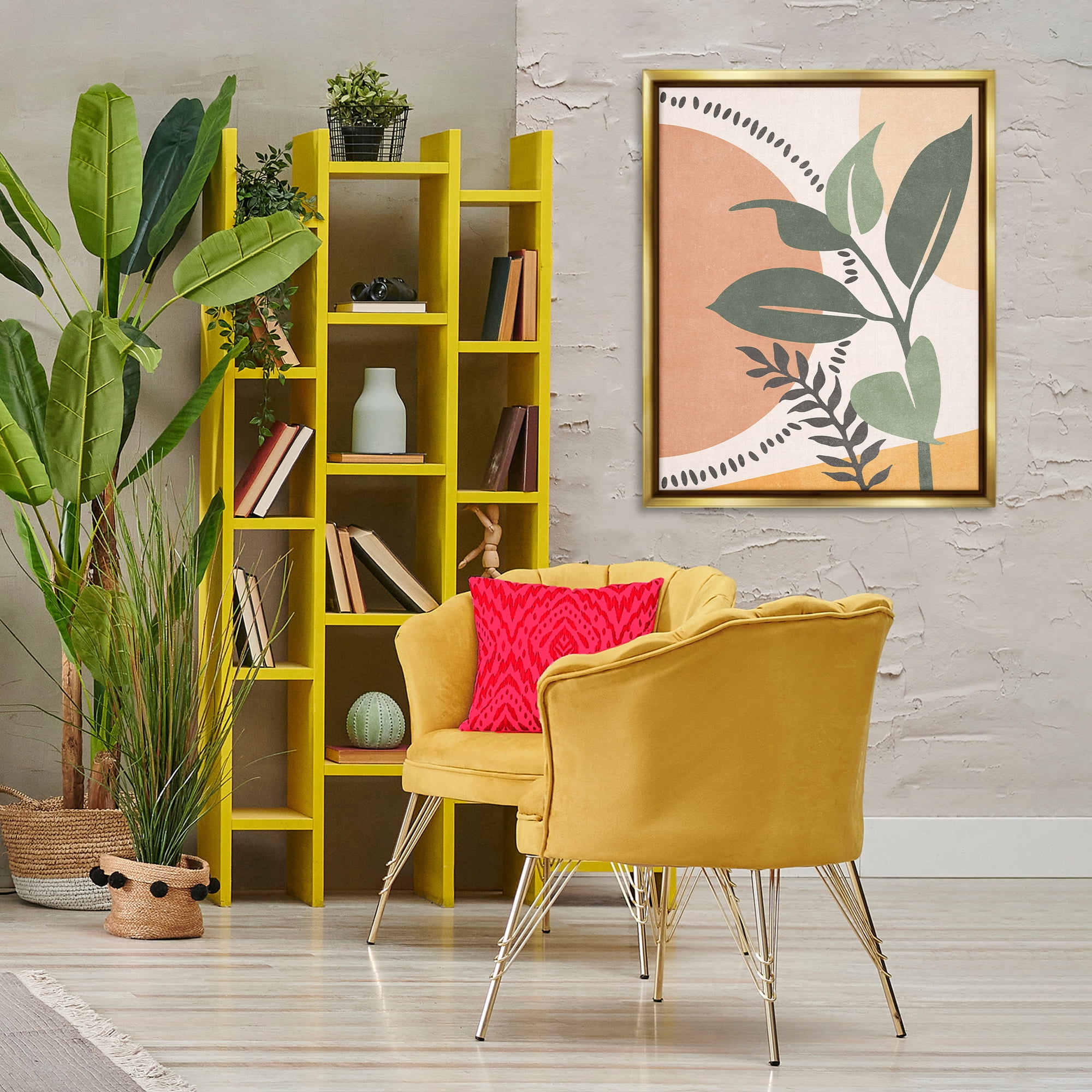 Stupell Industries Peachy Tropical Boho Landscape & Nature Painting Gold Floater Framed Canvas Art Print Wall Art, 25 x 31