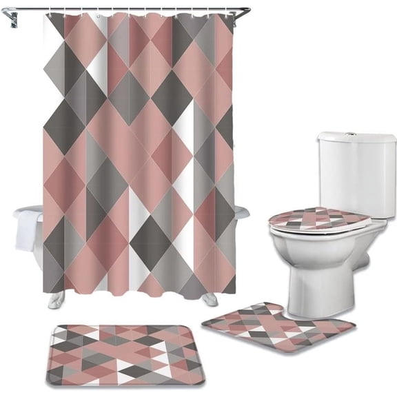 Geometric Bathroom Curtain Set Bath Mat Sets Shower Curtain Sets with Hooks Non-Slip Pedestal Rug Toilet Cover