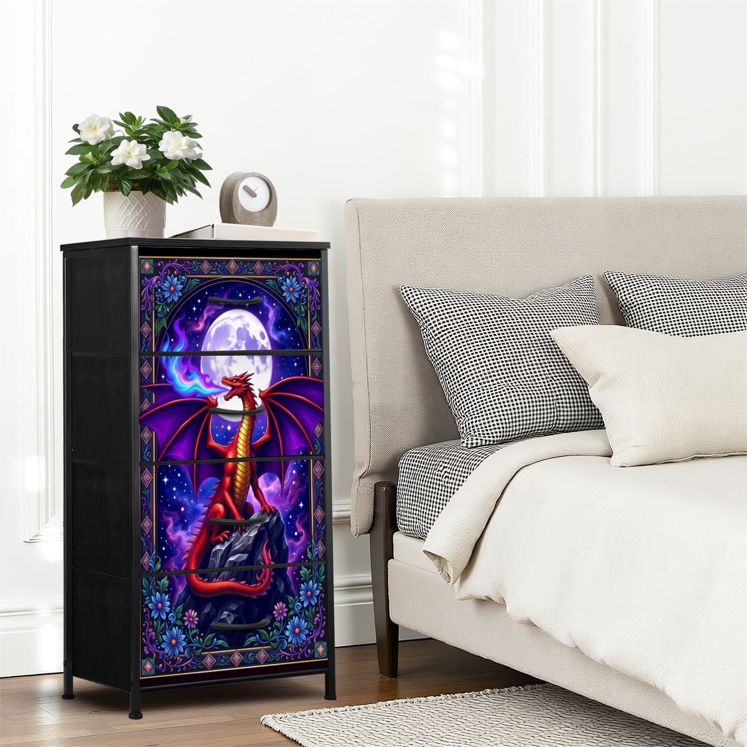 Gothic Dresser for Bedroom with 4 Storage Drawers Majestic Red Dragon Purple Fire Full Moon Ornate Floral Frame Dressers Chest of Drawers Steel Framed Fabric Closet Organizers for Dorm Entryway