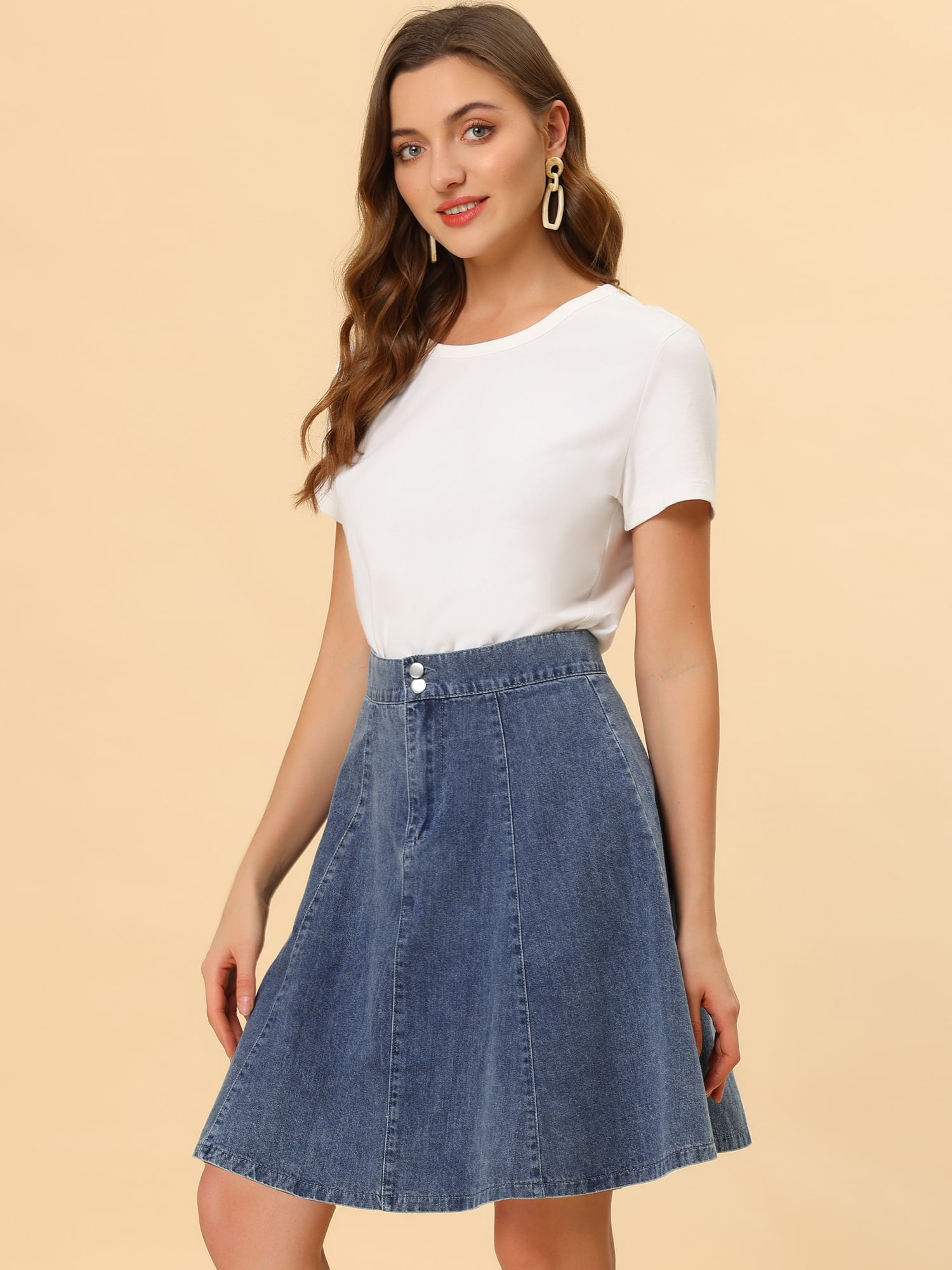 DARING DIVA Women's A-Line Flared Pleated Midi Denim Skirt XS Light Blue
