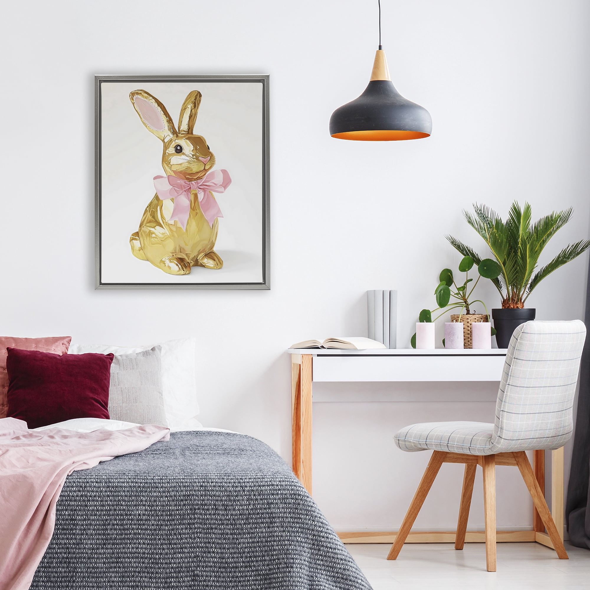 Stupell Industries Golden Easter Bunny with Ribbon Gray Framed Floater Canvas Wall Art, design by The Prints Vibe