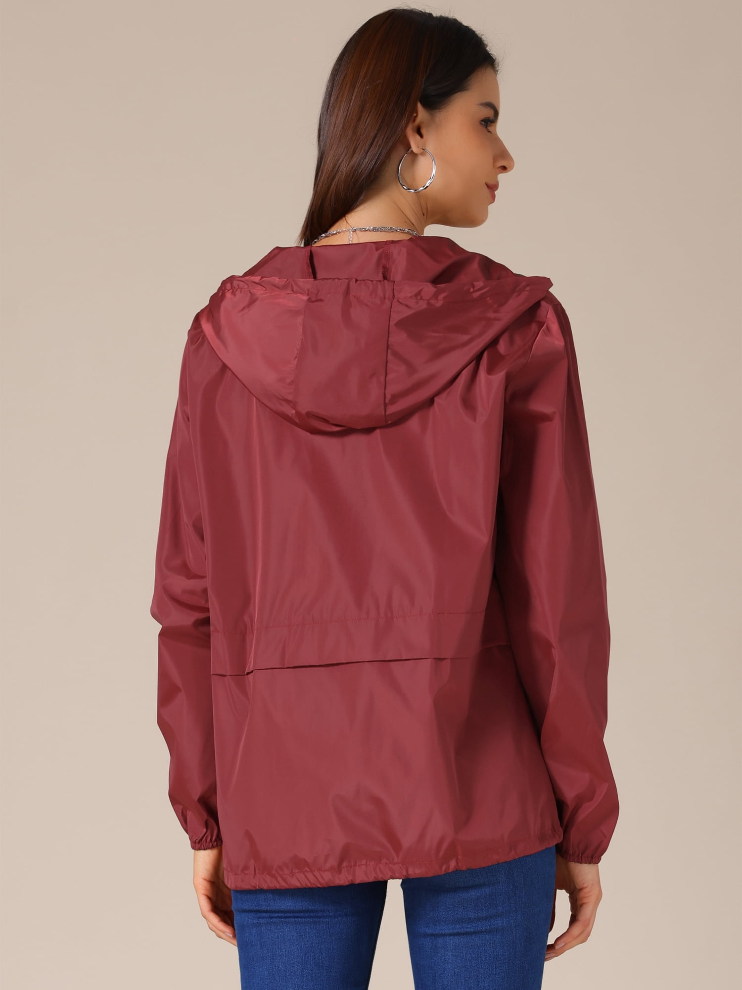 DARING DIVA Women's Lightweight Windbreaker Jacket with Hood Pockets L Wine Red