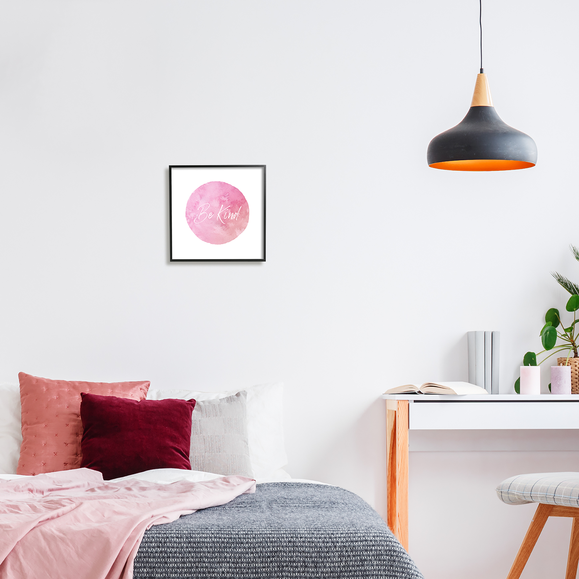 Stupell Industries Be Kind Pink Circle Inspirational Painting Black Framed Art Print Wall Art, 12 x 12