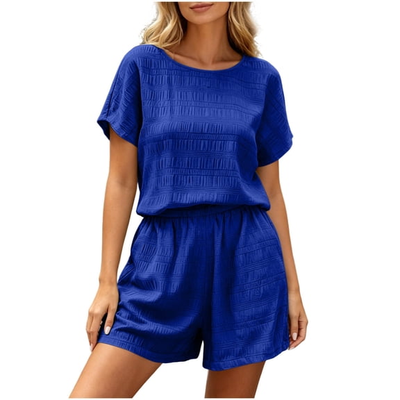 Costeam Womens Solid Color Crew Neck Two Piece Outfit Short Sleeve Top And Elastic Waist Shorts With Side Seam Pockets Lightweight Cooling Breathable Fabric Loose Fit Casual Set