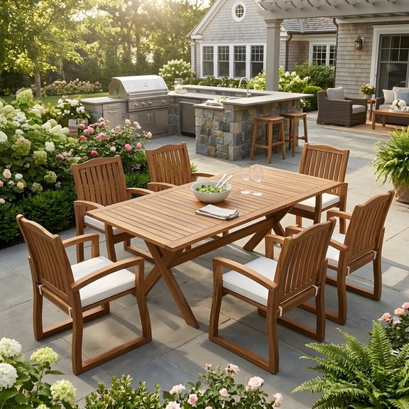 FFZ 7-Piece Acacia Wood Outdoor Dining Set with Cream Cushions and Expandable Table, Cream