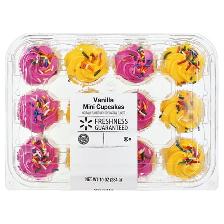 Freshness Guaranteed Vanilla Pink & Yellow Mini Cupcakes, 10 oz, 12 Count (Bakery Fresh, Sweet Dessert)
