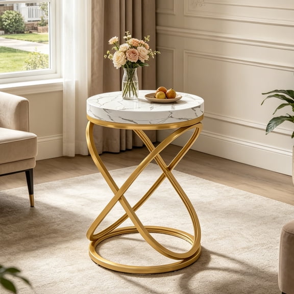 Fnova White Faux Marble Round End Table, Gold Metal Frame, Mid-Century Modern Accent Table, Sofa Side Table Nightstand for Living Room, Bedroom, Small Spaces, Apartment, Office