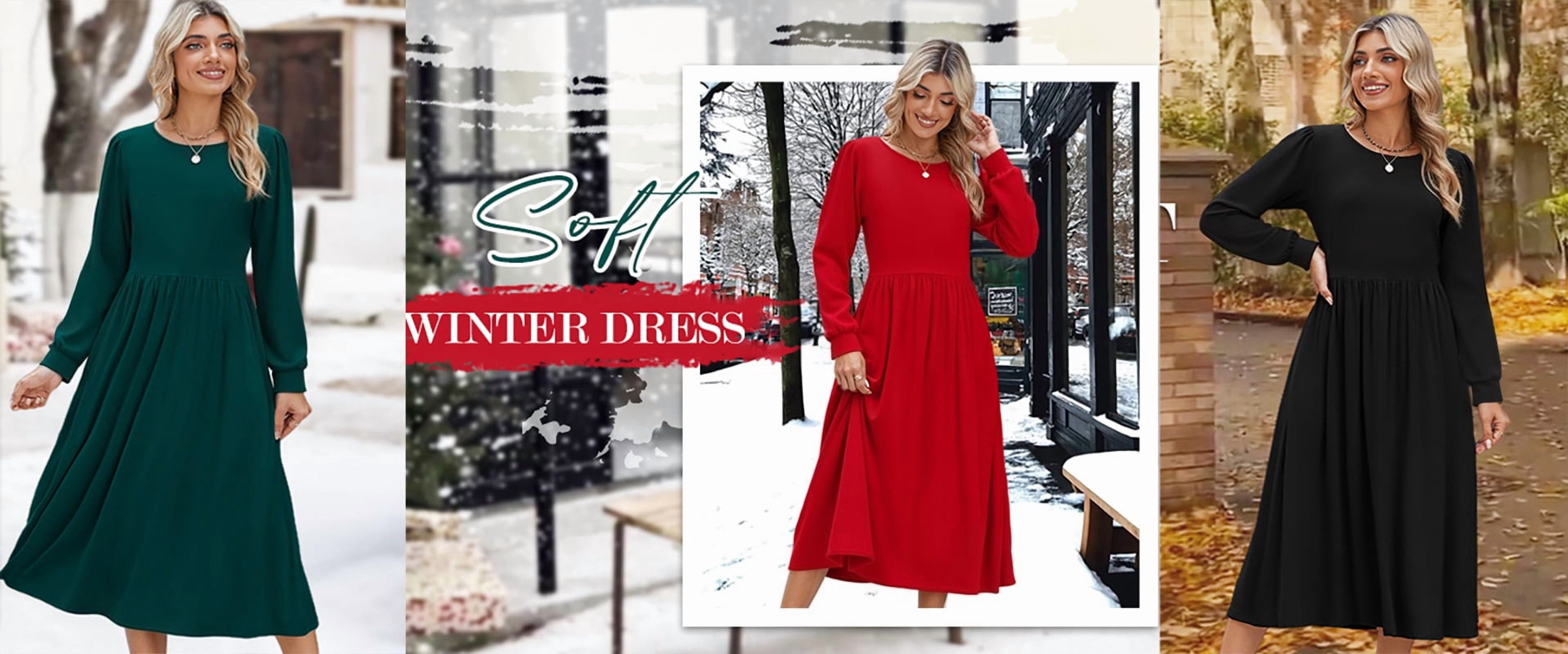 Fantaslook Long Sleeve Midi Dresses for Women Casual Floral Dress Flowy Fall Dresses with Pockets