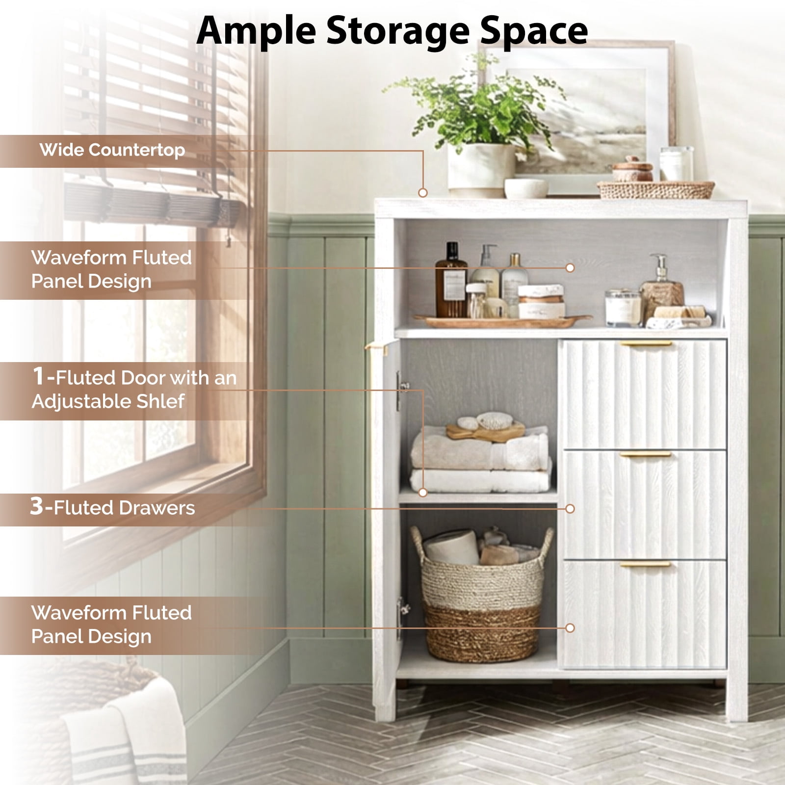 Ktaxon Fluted MDF Bathroom Floor Cabinet with Grille Single Door and Three Drawers, White