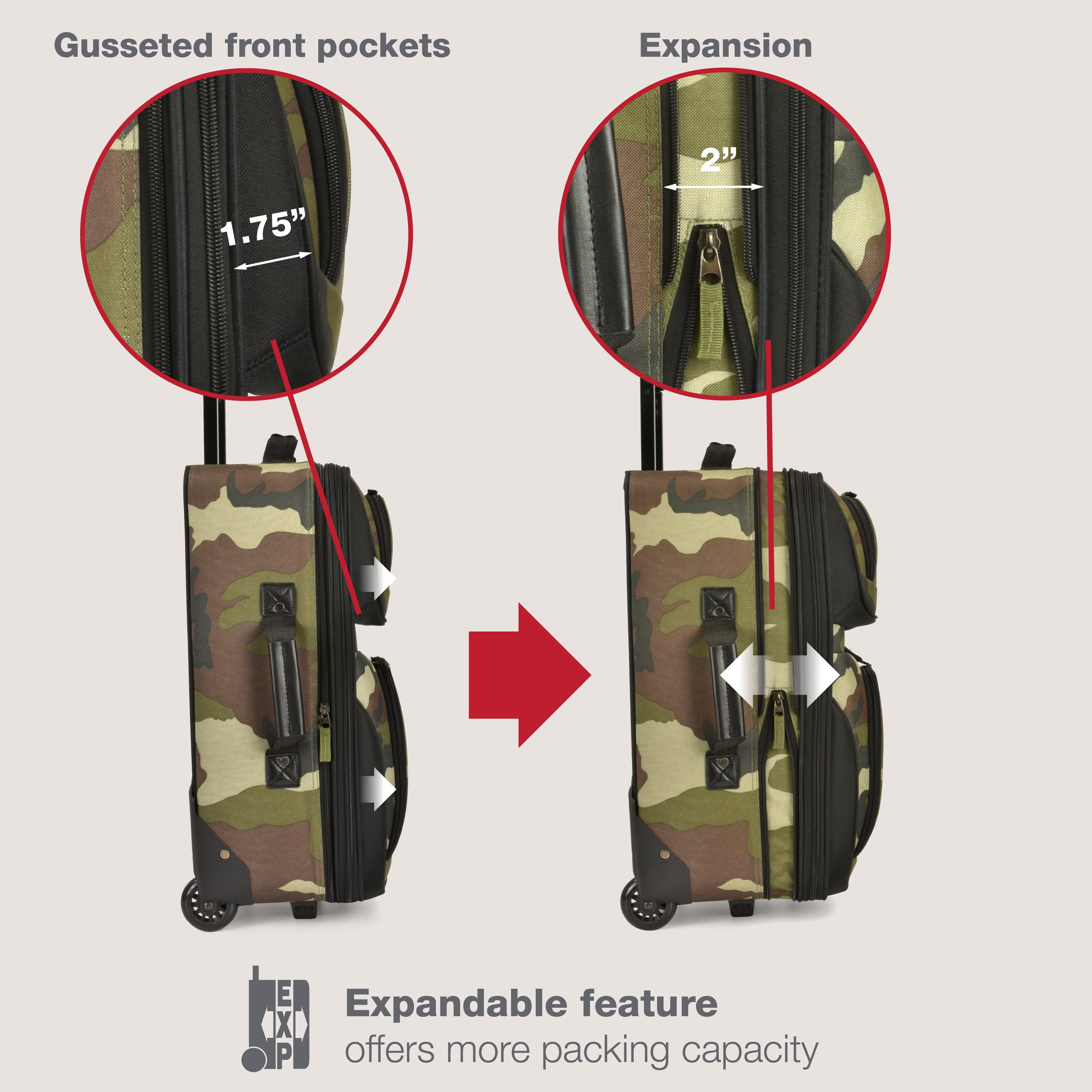 U.S. Traveler Rio Rugged Fabric Expandable Carry-on Luggage, 2 Rolling Suitcase, Camouflage, 2-Piece