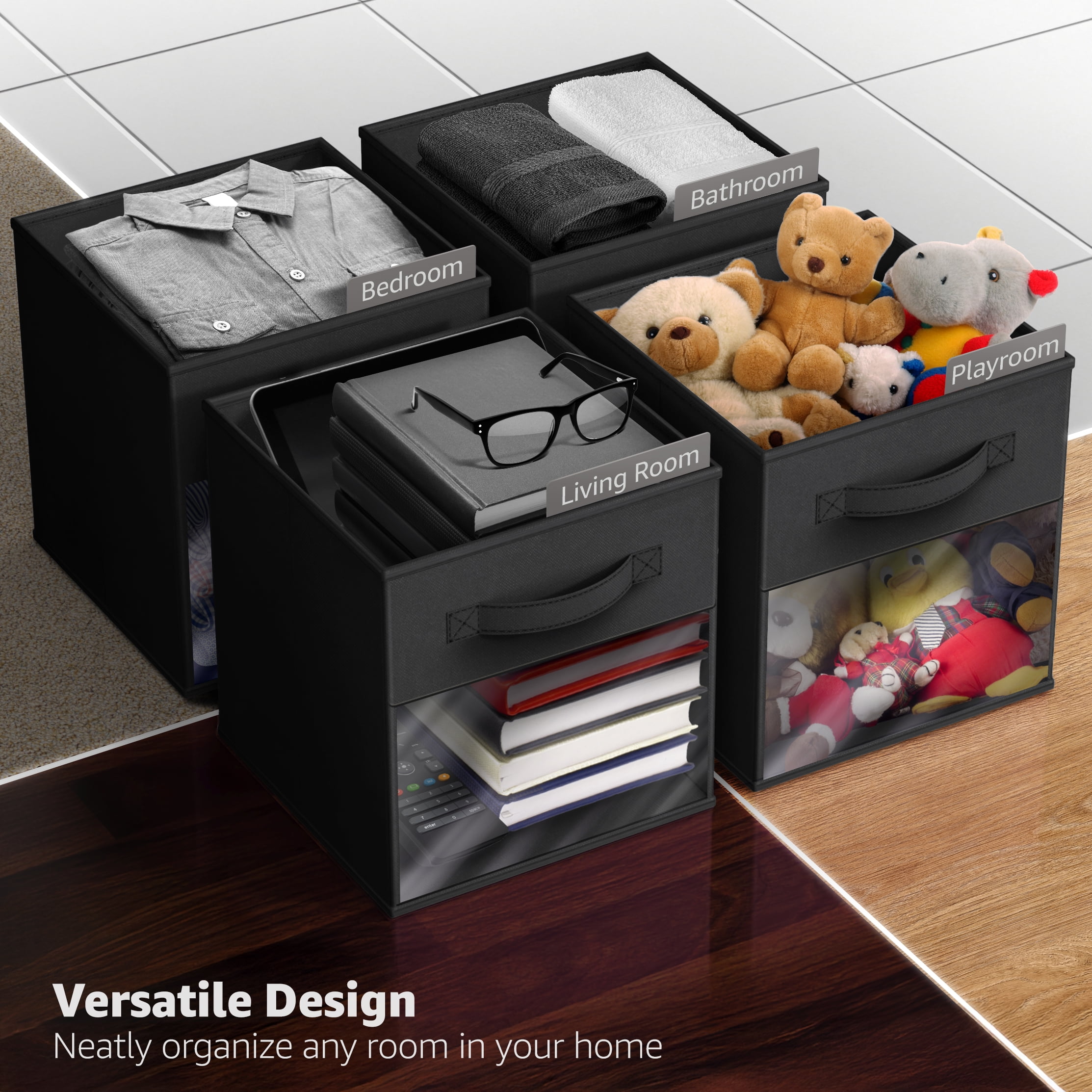 Sorbus 13” Foldable Storage Bins with Clear Window – Set of 6 Collapsible Fabric Baskets with Handles for Clothes, Toys, Books – Sturdy Organizer Cubes for Shelves & Closets, Black