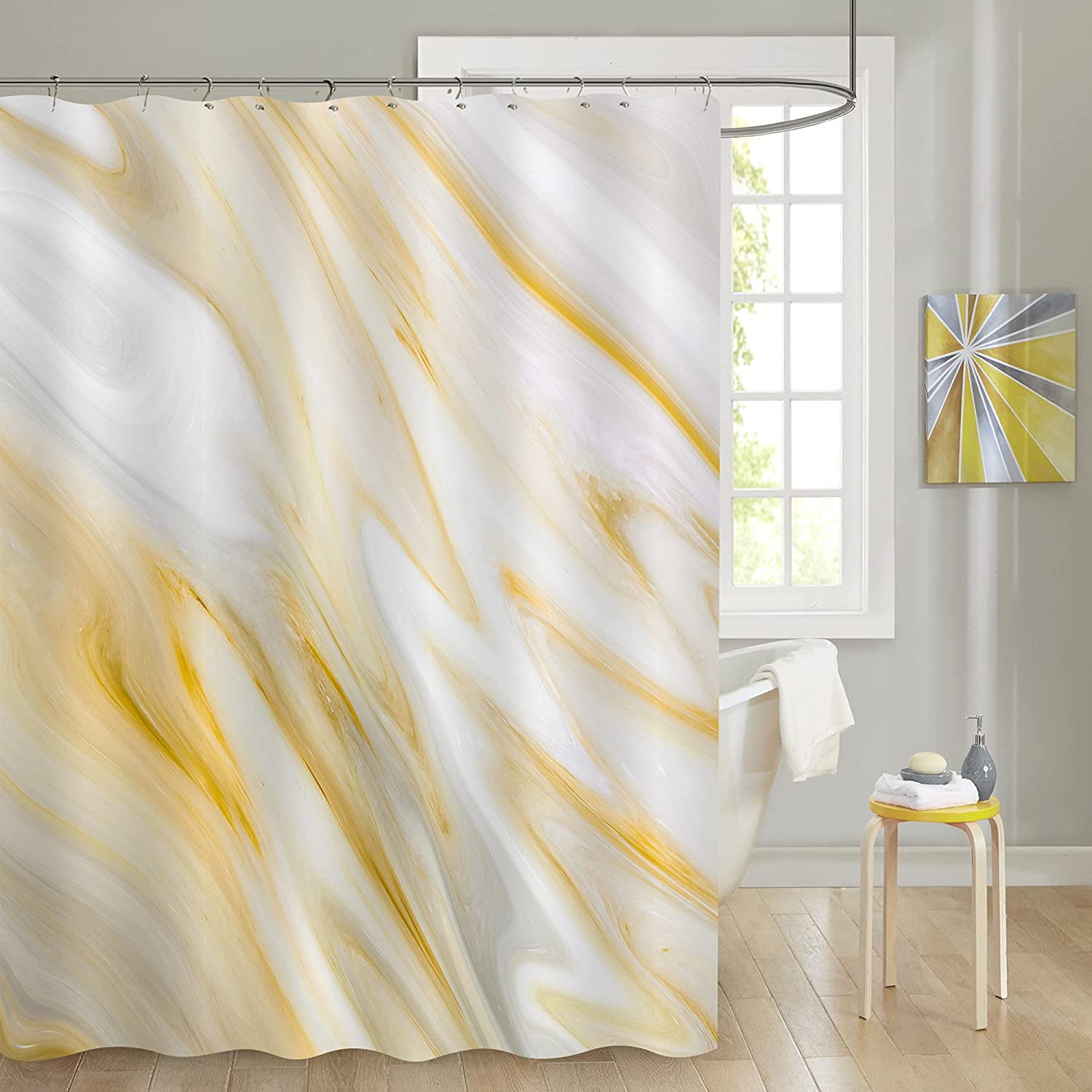Yellow Umbrella 100% Polyester Fabric Shower Curtain Liner Bathroom Set Hooks 