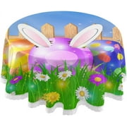 SKYSONIC Easter Round Tablecloth 60In,Easter Eggs and Cute Bunny Round Table Cloth Water Resistant Spill Proof Large Table Cover for Family Gathering Dinner, Hotel, BBQ
