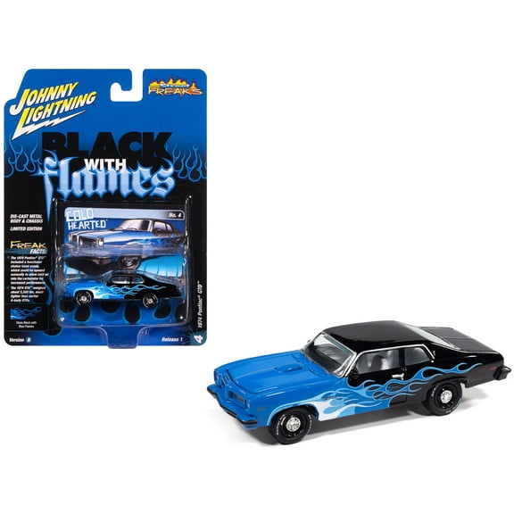 1974 Pontiac GTO Black and Blue with Blue Flame Graphics with White Interior 1/64 Diecast Model Cars by Johnny Lightning