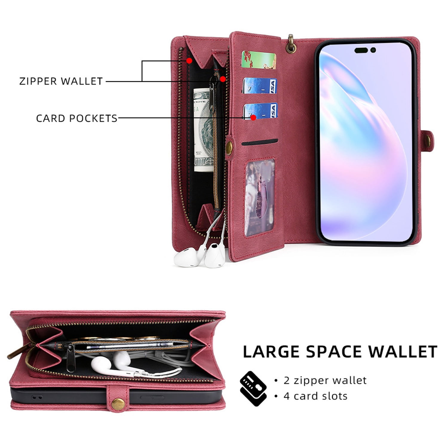 Defencase for iPhone 12 / 12 Pro Case for Women Men, Removable Durable PU Leather Magnetic Flip Strap Wristlet Zipper Purse Card Holder Detachable Wallet Phone Cases for iPhone 12 / 12 Pro, Red