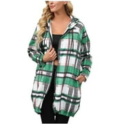 Trench Coats for Women Women's Check Print Loose Lapel Zip Hooded Double Pocket Blazer Long Sleeve Hooded Casual Coat/Jacket