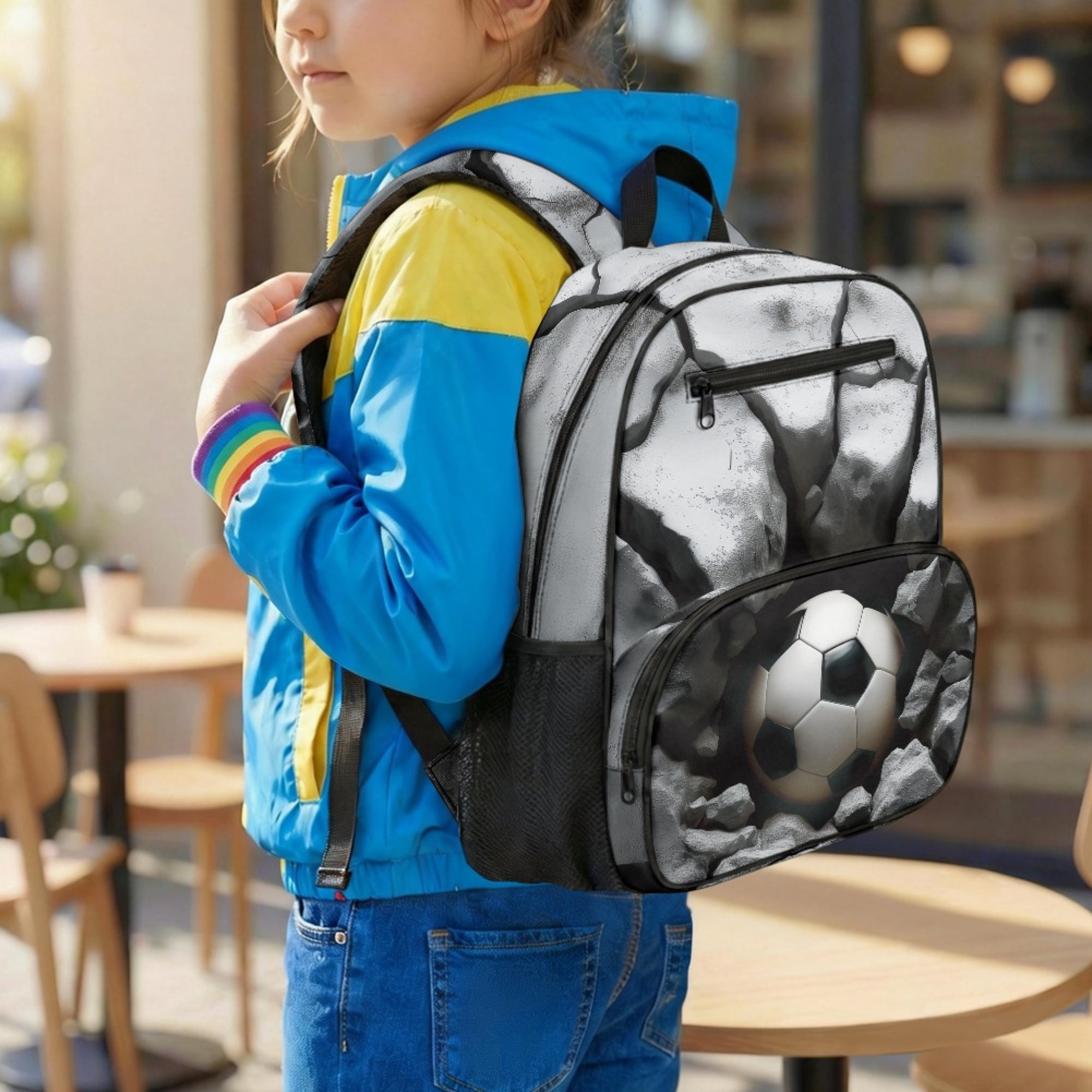 Chririnla 3D Soccer Cracked Rock Toddler Backpack Polyester Side Mesh Pockets Sturdy Toddler Preschool Polyester Backpack for Boys