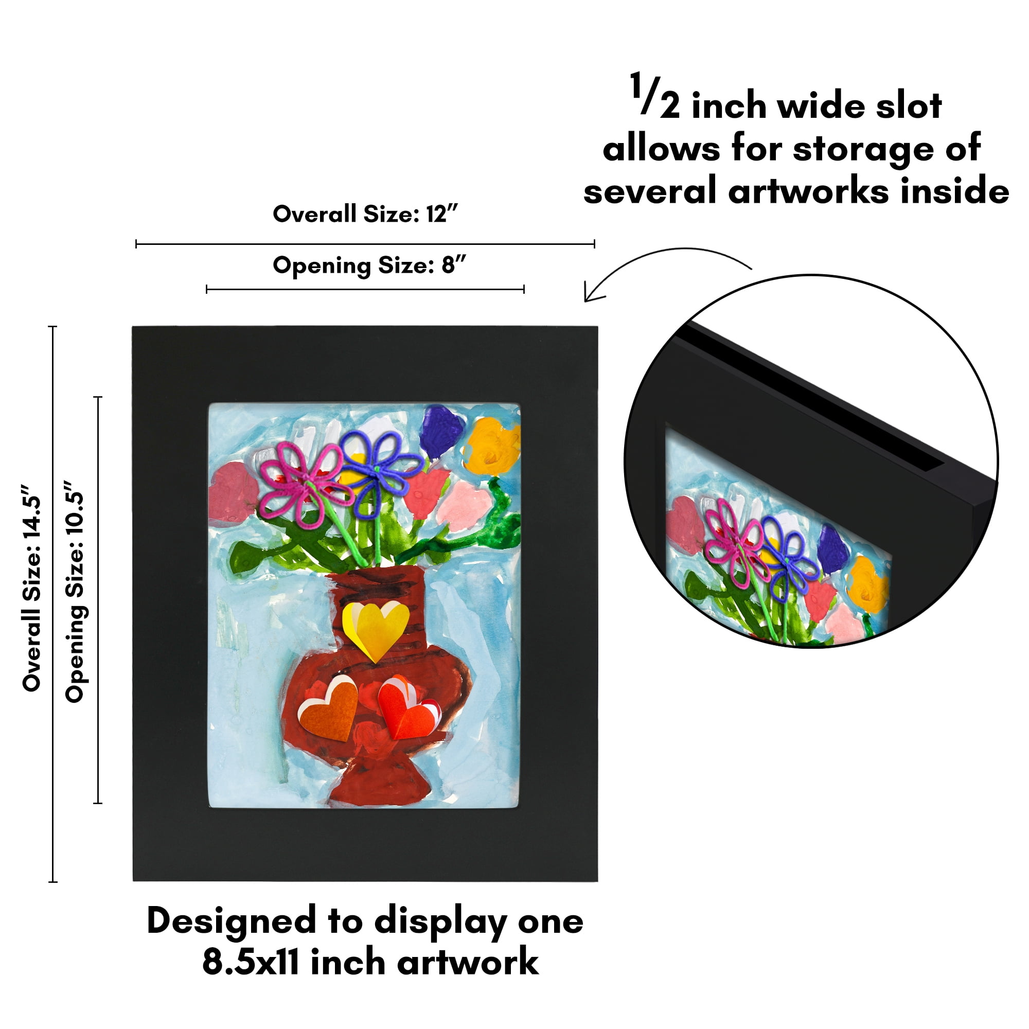 Americanflat 8.5x11 Kids Art Frame Holds 25 Artworks Slide Artworks One Storage Mini Molding - Black