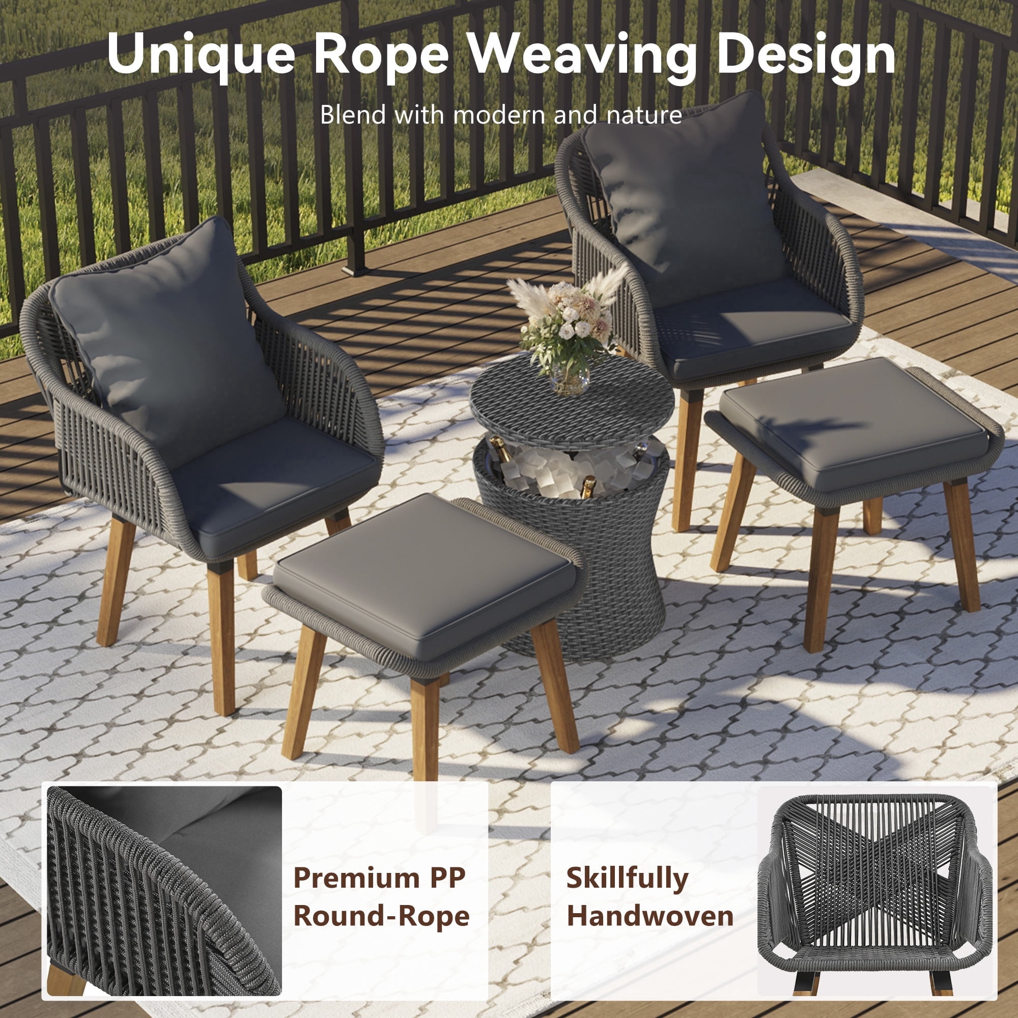 SYNGAR 5 PCS Outdoor Rattan Furniture Set, Rattan Patio Chair Set with Ottoman and Wicker Bar Table, All-Weather Patio Lounge Chairs set for Backyard, Deck, Balcony,Poolside,Gray
