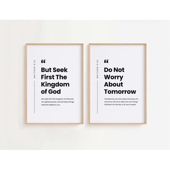 Matthew 6:33-34 Seek First the Kingdom of God Bible Verse Christian Decor Set 2 Unframed Paper Print 8x12