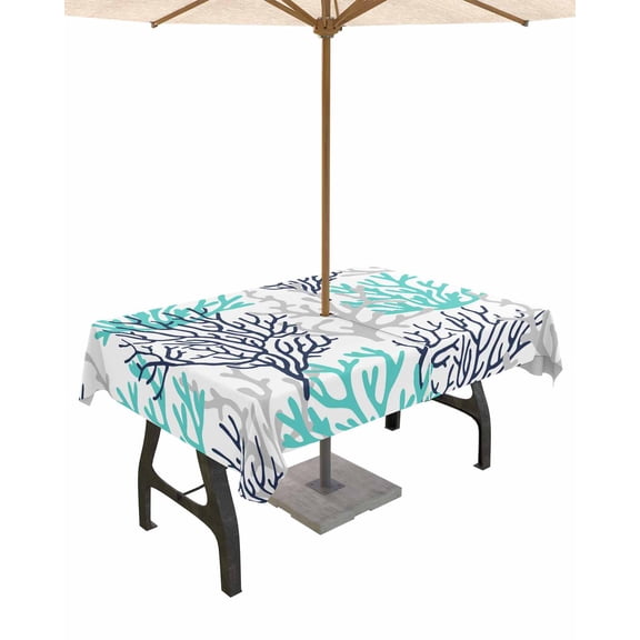 Lsrtoss Outdoor Tablecloth with Umbrella Hole & Zipper, Navy Blue Teal Grey Coral Coastal Rectangle Tablecloth 54x80 Inch, Summer Beach Nautical Ocean Patio Table Cover Waterproof Table Cloth