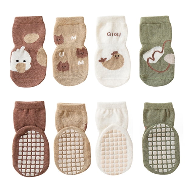 Calcetines antideslizantes para bebés Laklulu, 4 pares, calcetines antideslizantes para niños pequeños, calcetines con suela antideslizante, calcetines de dibujos animados para bebés, niñas y niños