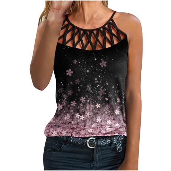 Women Tops Dressy Casual, Womens Tank Tops Hollow Out Floral Printing Summer Sleeveless Shirts Halter Neck Loose Comfy Blouse Shirts