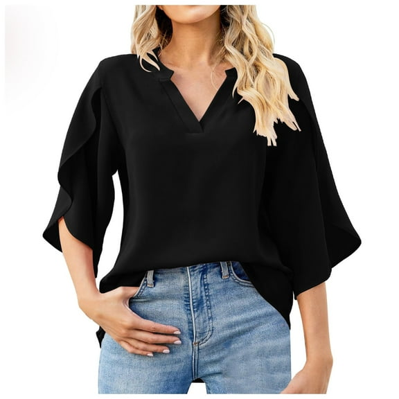 Women Summer Tops New Women Fashion Petal Sleeve Tops Loose V Neck Chiffon Shirt B Neck T Shirts Sky for Shirt Working Out Winter Long Sleeve Long Athletic Fit Fit Stretch Black XL