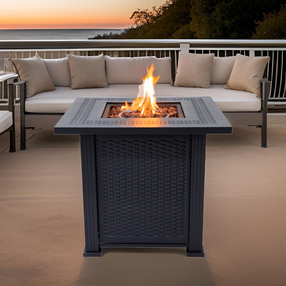 Sol Living Lausanne 28” Outdoor Propane Fire Pit Table 50,000 BTUs Outdoor Fire Pit Propane Metal Patio Fire Pit with Lava Rocks & Lid Durable Firepits for Outside & CSA Certified Outdoor Fireplace