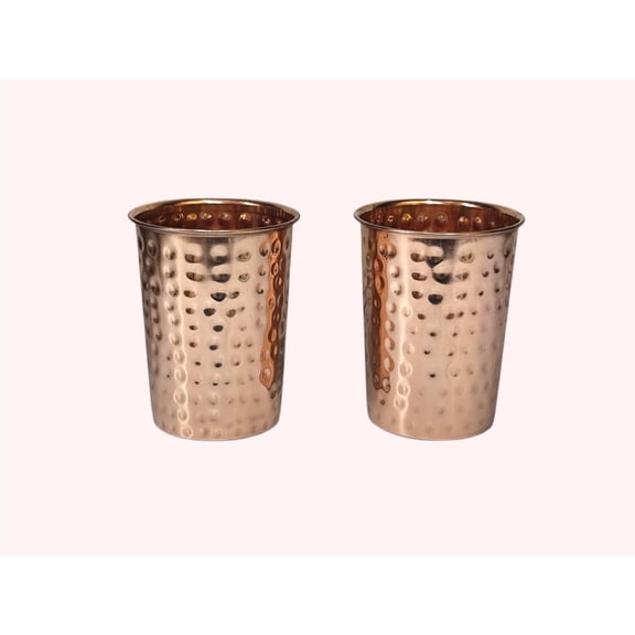 Set of 2 Pure Copper Tumblers - 300ml Copper Water Glasses, Ayurvedic Use (Hammered)