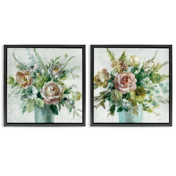Stupell Industries Sage Peach Still Life Florals Plants & Flowers Painting Black Floater Framed Canvas Art Print Wall Art, 18 x 18, Set of 2