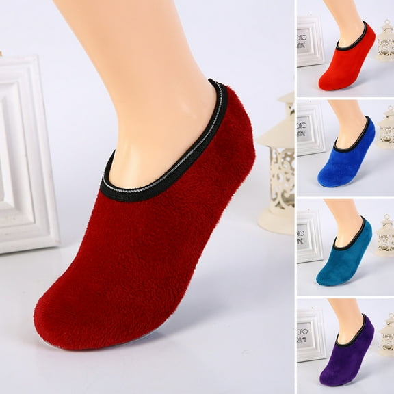 Eosunjian 1 Pair Winter Floor Socks Non-slip Rough Sole Thicken Padded Washable Keep Warm Low Tube Contrast Color Women Socks Home Wear Socks Black