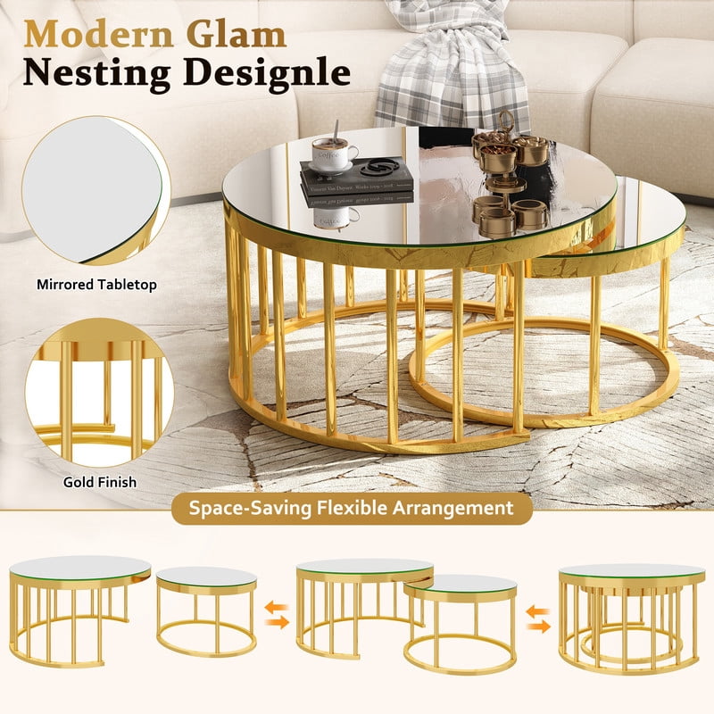 Round Nesting Coffee Table Set of 2, Modern Golden Metal Frame Accent Circular Cocktail Table with Mirrored Table Top