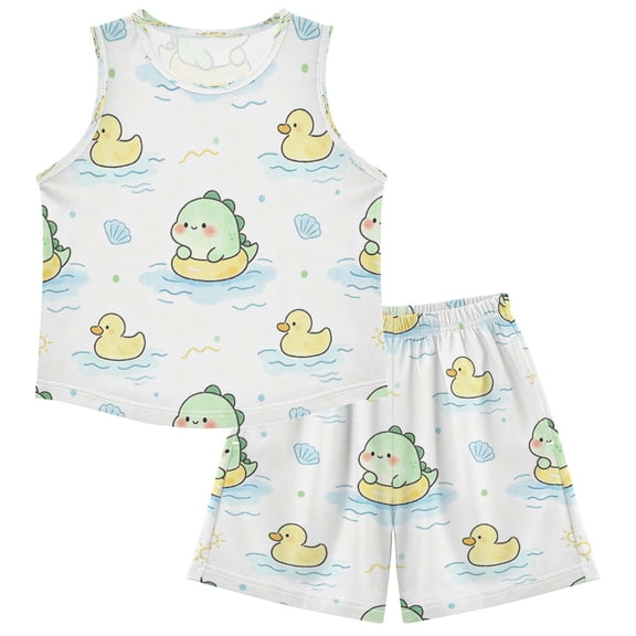 Kids Pajama Sets Breathable Tank Top & Shorts Sleepwear for Girls & Boys Swimming Dinosaur